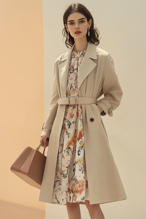 A woman in a beige belted trench coat layered over a floral midi dress, accessorized with heels and a structured handbag