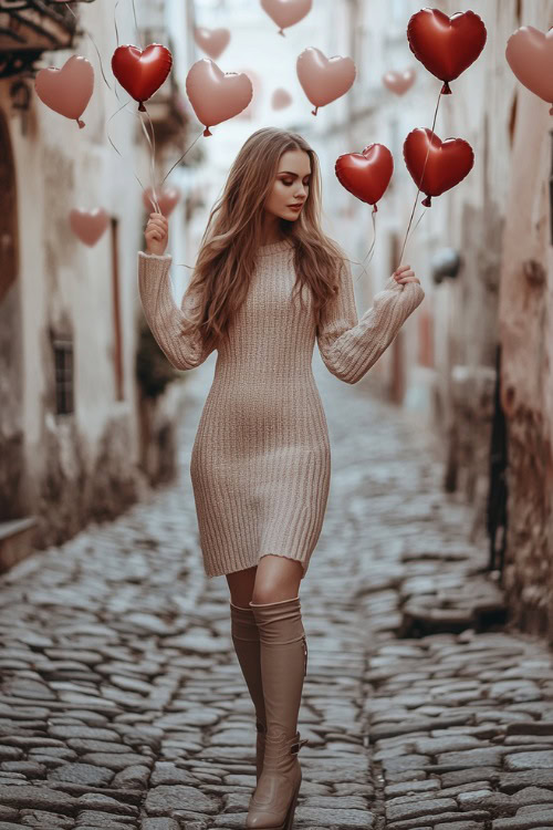 A woman in a beige knit dress with long sleeves, paired with flat knee-high boots, walking on a cobblestone street lined with heart-shaped balloons