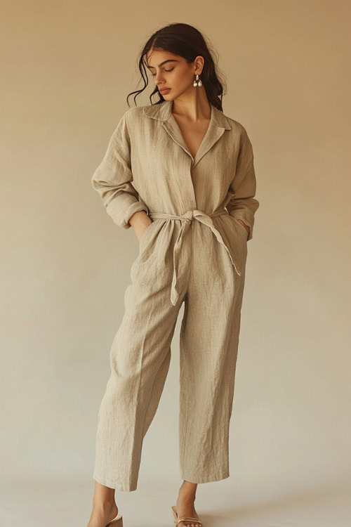 A woman in a beige linen jumpsuit with a button-up front, styled with ballet flats and pearl earrings