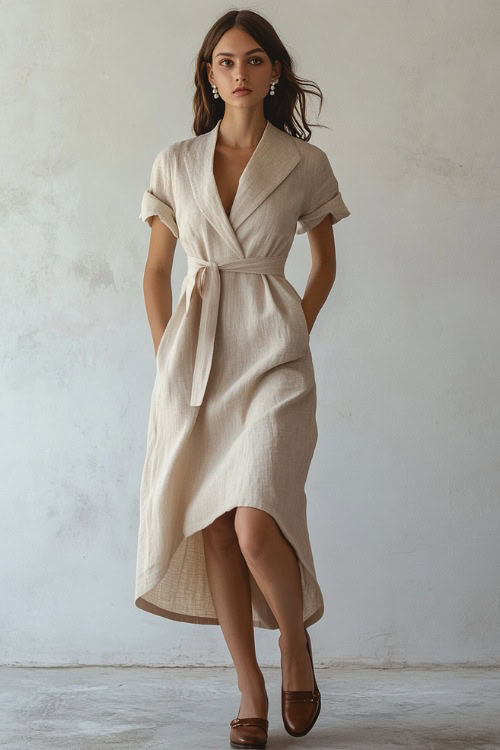 A woman in a beige linen midi dress with a belted waist, styled with pearl earrings and brown leather loafers (2)