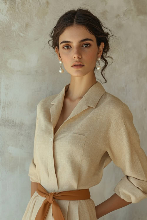 A woman in a beige linen midi dress with a belted waist, styled with pearl earrings and brown leather loafers