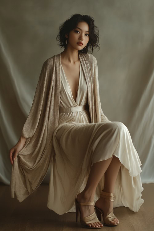 A woman in a beige silk slip dress layered with a cashmere cardigan and heeled sandals