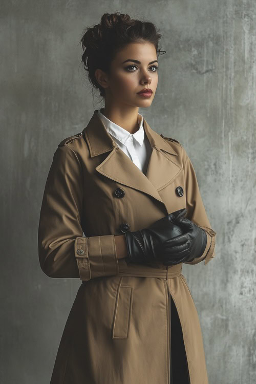 A woman in a beige trench coat worn over a white button-down shirt and a pencil skirt