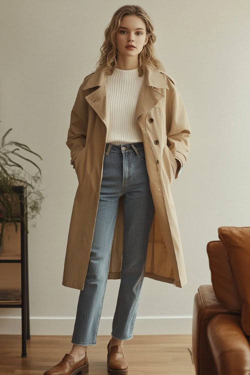 A woman in a beige trench coat worn over a white ribbed top, paired with medium-wash straight-leg jeans and leather loafers