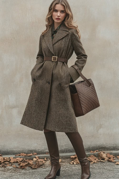 A woman in a belted wool coat over a midi dress, paired with tall leather boots and a structured leather handbag