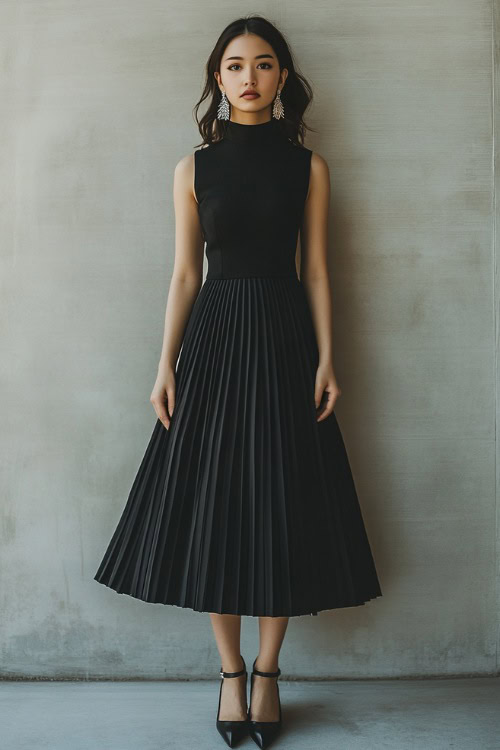 A woman in a black midi dress with a pleated skirt and a high neck, accessorized with silver earrings and black pumps