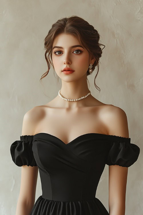 A woman in a black off-the-shoulder midi dress with puffed sleeves and a pearl choker necklace