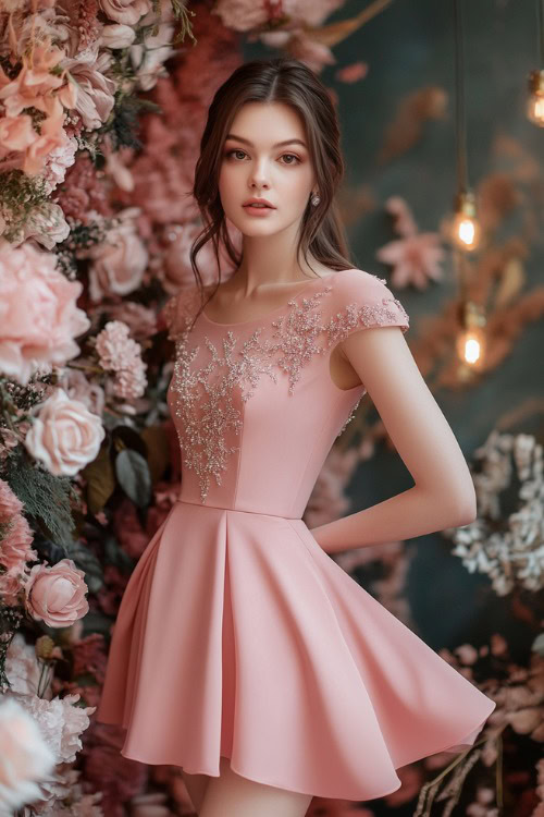 A woman in a blush pink knee-length cocktail dress with cap sleeves and a beaded bodice, standing near a softly glowing floral wedding backdrop