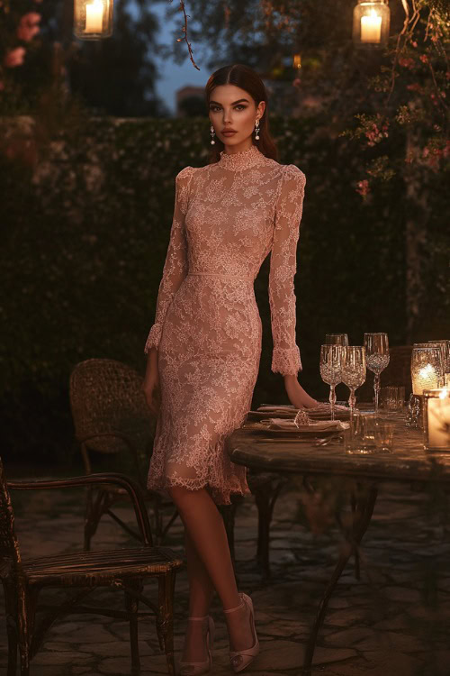 A woman in a blush pink lace midi dress with sheer long sleeves, heels, and pearl earrings