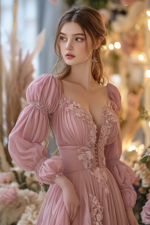 A woman in a blush pink maxi dress with balloon sleeves, a cinched waist, and floral appliqué details, standing near a softly glowing floral wedding centerpiece (2)