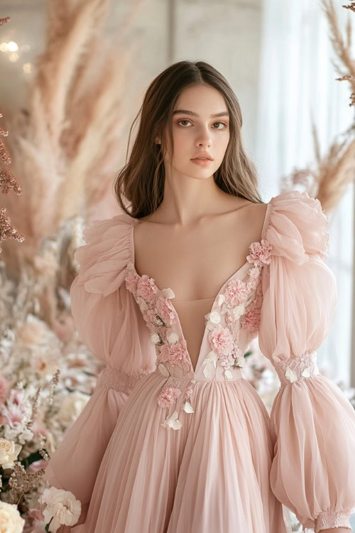 A woman in a blush pink maxi dress with balloon sleeves, a cinched waist, and floral appliqué details, standing near a softly glowing floral wedding centerpiece