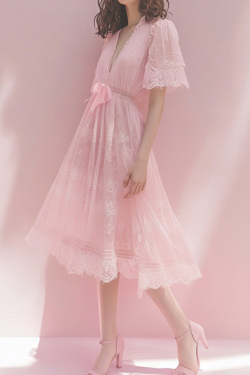 A woman in a blush pink midi dress with lace details, styled with pumps