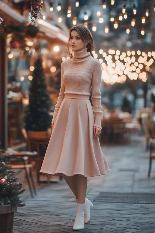 A woman in a blush pink midi skirt, paired with a cropped beige turtleneck sweater and white ankle boots