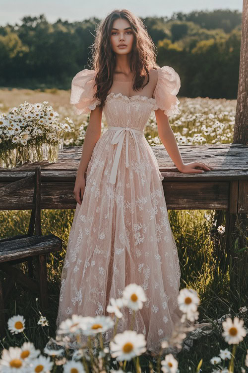 A woman in a blush pink tea-length bubble dress with puffed sleeves, a belted waist, and a scalloped hem, standing near a rustic wooden wedding table surrounded by fresh daisies