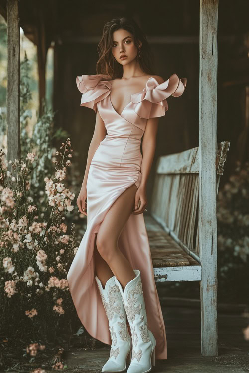 A woman in a blush pink tea-length wrap dress with ruffle accents and a high slit, paired with embroidered white cowboy boots