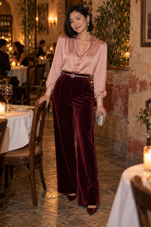 A woman in a blush silk blouse and burgundy velvet trousers