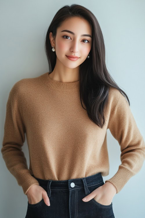 A woman in a camel-colored cashmere sweater tucked into high-waisted medium-wash straight-leg jeans