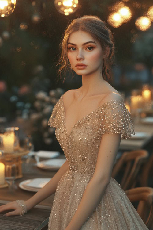 A woman in a champagne midi dress with short sleeves, intricate beadwork, and a tulip hem, standing near a candlelit wedding reception area outdoors