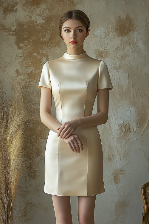 A woman in a classic beige shift dress with cap sleeves, accessorized with pearl jewelry and heels