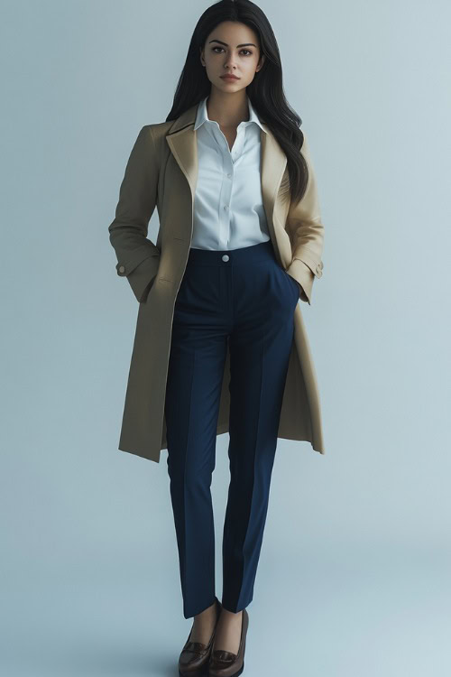 A woman in a classic beige trench coat layered over a white blouse and tailored navy blue trousers,