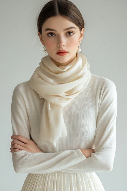 A woman in a classic white midi dress with a pleated skirt, styled with a silk scarf and pearl earrings