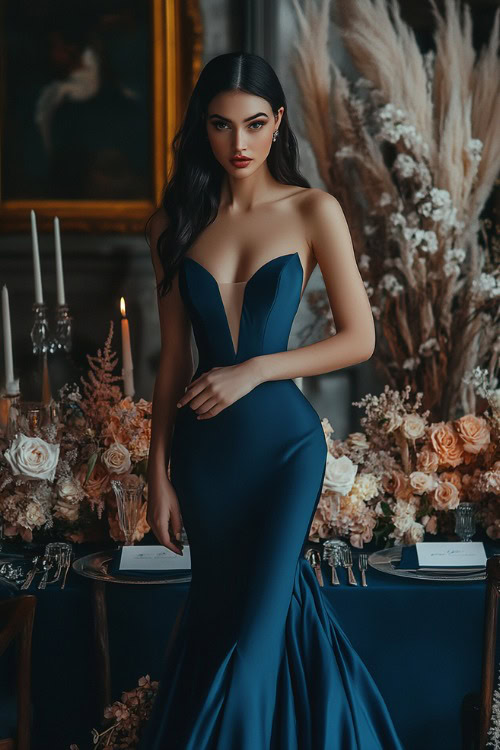 A woman in a cobalt blue floor-length dress with a square neckline, a fitted bodice, and a layered hemline, posing near a softly glowing floral wedding reception table