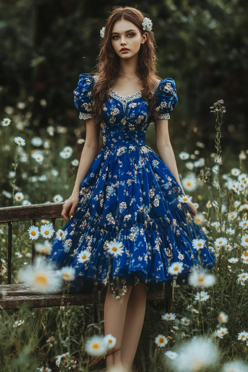 A woman in a cobalt blue knee-length short dress with puff sleeves, floral prints, and a pleated skirt, standing near a rustic spring wedding bench surrounded by daisies (2)