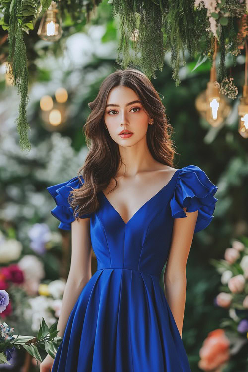 A woman in a cobalt blue midi dress with flutter sleeves and a cinched waist, standing near a grand floral wedding setup with hanging greenery