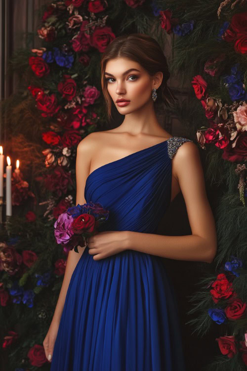 A woman in a cobalt blue one-shoulder gown with an asymmetrical hemline and subtle beading, standing near an elegant floral wedding backdrop with candles