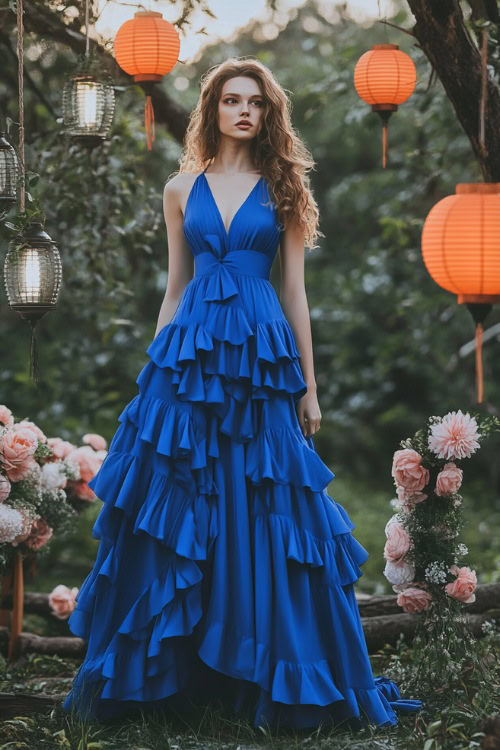 A woman in a cobalt blue sleeveless maxi dress with a ruffled hem and button-down detailing, standing near a simple floral wedding setup with hanging lanterns