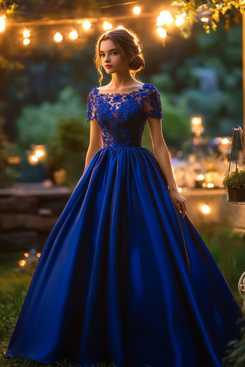 A woman in a cobalt blue tea-length A-line dress with lace sleeves, a cinched waist, and a gathered skirt, posing near a softly glowing outdoor wedding reception area