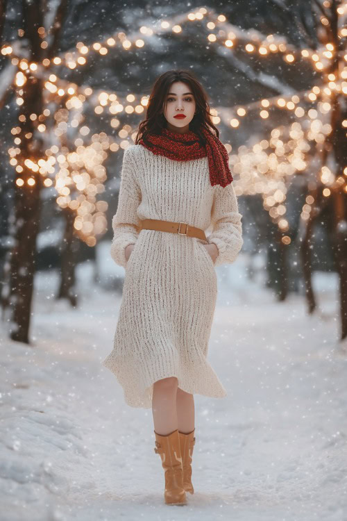 A woman in a cream knit sweater dress with a belted waist, paired with tan ankle boots and a red scarf