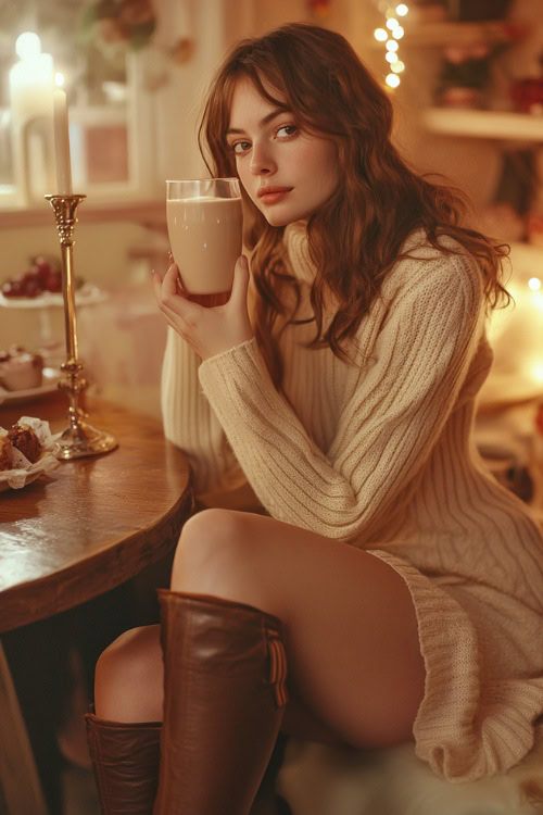 A woman in a cream sweater dress, layered with a camel coat and brown knee-high boots