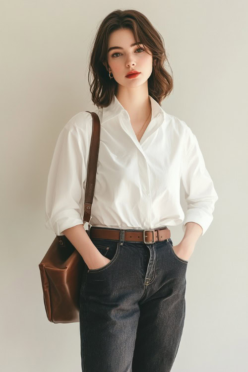 A woman in a crisp white button-up shirt tucked into high-waisted straight-leg dark-wash jeans, styled with brown leather loafers and a structured handbag