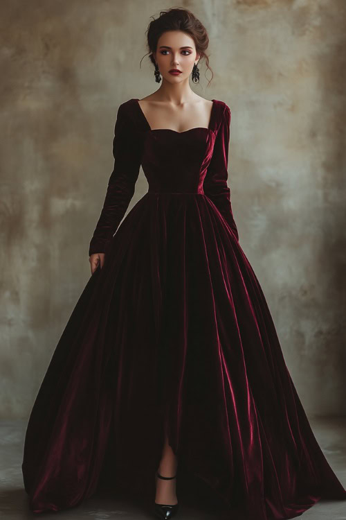 A woman in a deep burgundy velvet gown with a square neckline and long sleeves, styled with black heels