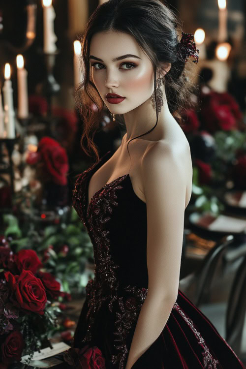 A woman in a deep burgundy velvet gown with a sweetheart neckline, flared hem, and intricate embroidery, standing near a candlelit floral wedding centerpiece