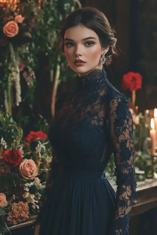 A woman in a deep navy midi-length dress with a high neckline, long lace sleeves