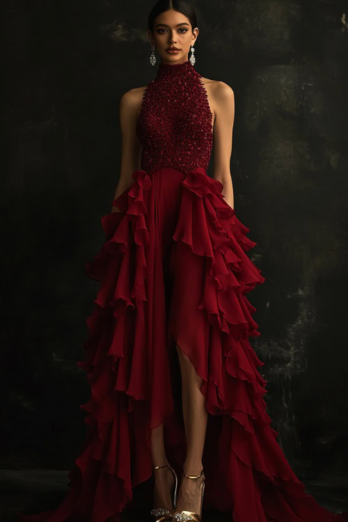 A woman in a deep red high-neck gown with ruffled details, accessorized with diamond drop earrings and gold heels