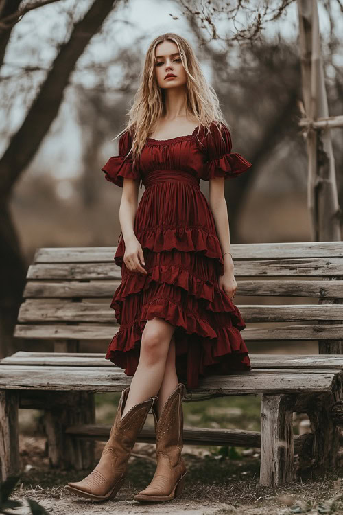 A woman in a deep red tiered dress with puffed sleeves and an empire waist, paired with distressed tan cowboy boots (2)