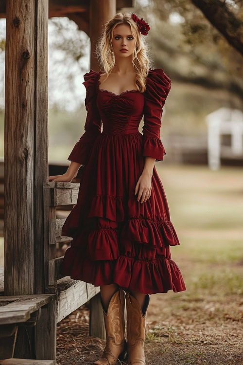 A woman in a deep red tiered dress with puffed sleeves and an empire waist, paired with distressed tan cowboy boots (3)