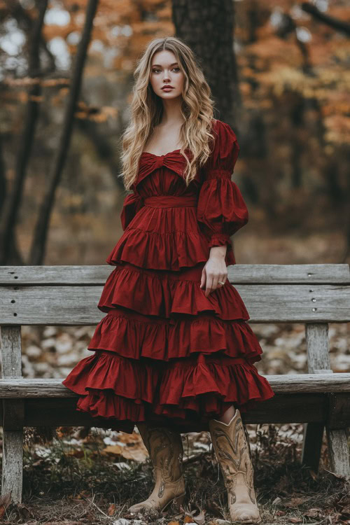 A woman in a deep red tiered dress with puffed sleeves and an empire waist, paired with distressed tan cowboy boots