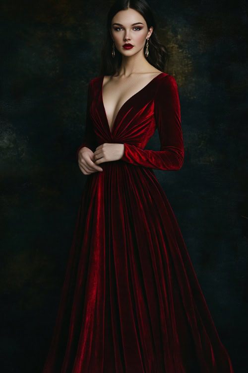 A woman in a deep red velvet gown with long sleeves and a cinched waist, styled with gold drop earrings