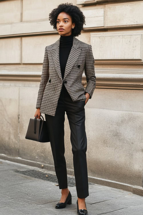 A woman in a double-breasted houndstooth blazer over a black turtleneck and slim-fit black trousers (2)