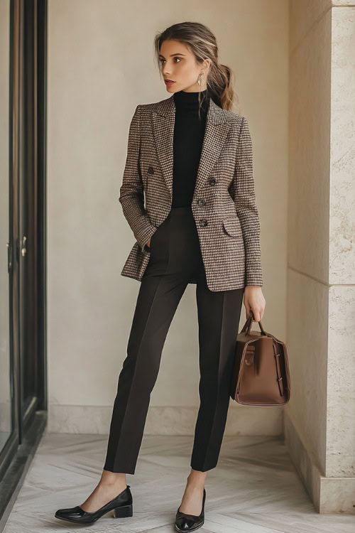 A woman in a double-breasted houndstooth blazer over a black turtleneck and slim-fit black trousers