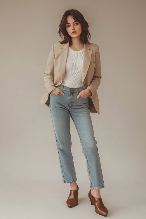 A woman in a fitted beige blazer over a white ribbed top, styled with straight-leg jeans and brown leather flats