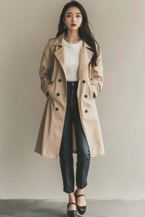 A woman in a fitted beige trench coat over a white top, styled with dark-wash slim-fit jeans and ballet flats