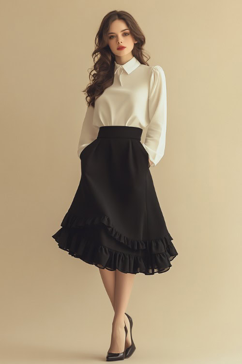 A woman in a fitted black midi skirt with a ruffled hem, paired with a tailored white blouse and kitten heels