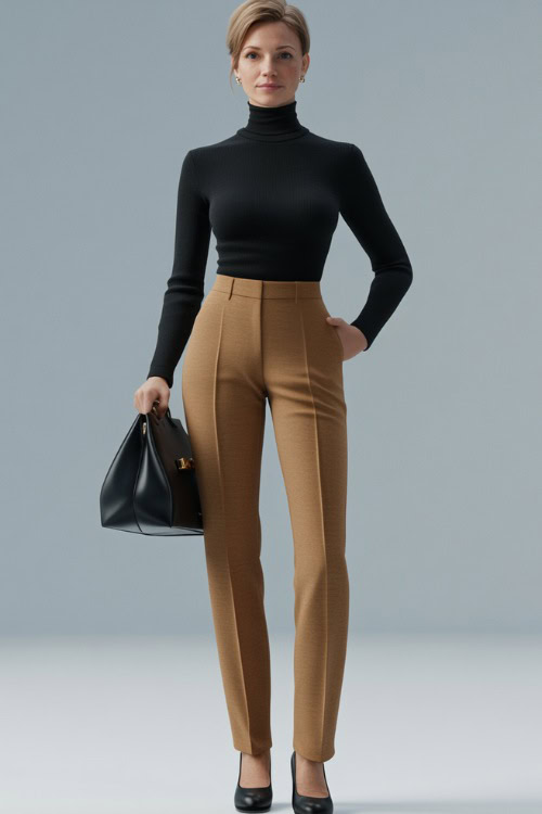 A woman in a fitted black turtleneck tucked into high-waisted tan trousers, styled with a structured handbag and black leather loafers