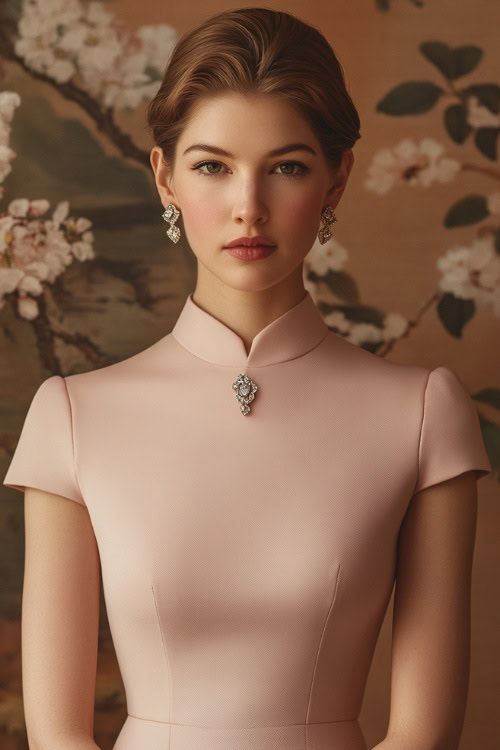 A woman in a fitted blush pink sheath dress with cap sleeves, accessorized with diamond earrings