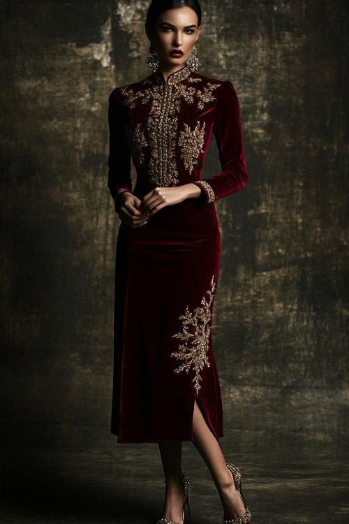 A woman in a fitted burgundy velvet dress with gold embroidery, styled with diamond earrings and pointed heels